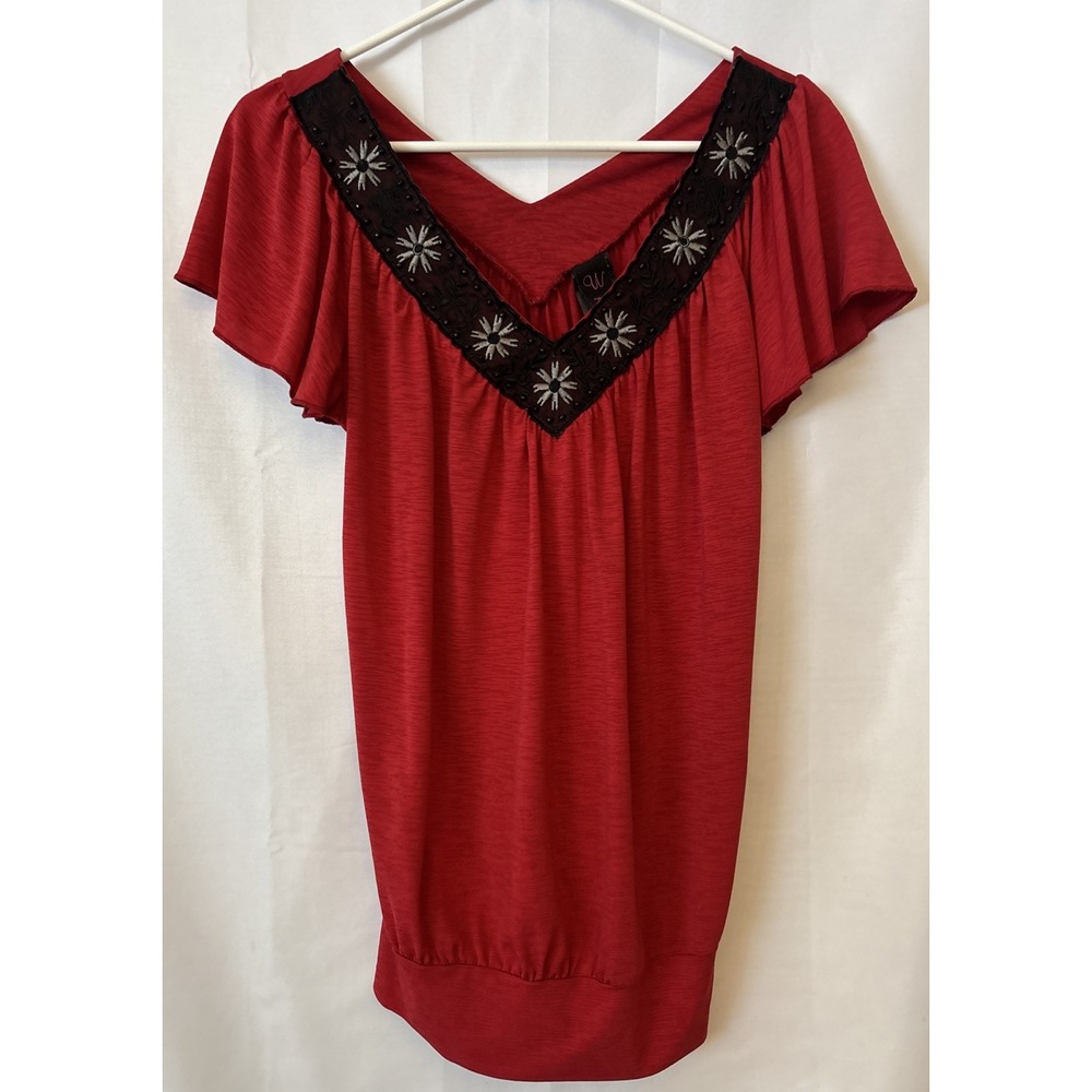 Vtg Y2K Wrapper Women's Red V Neck‎ Blouse Black Embroidered Beaded Neckline S